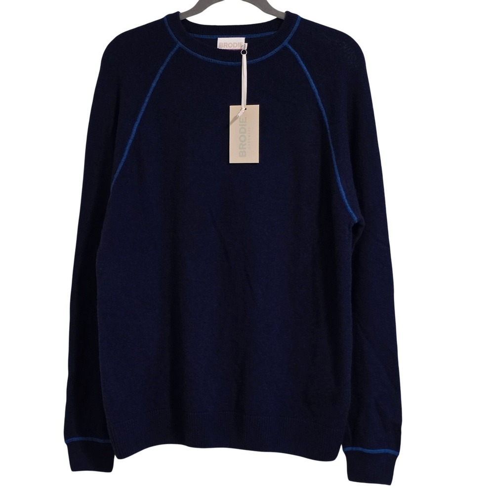 BRODIE Cashmere Overlock Wool Blend Sweater Men Medium W/ Blue Contrast Stitch